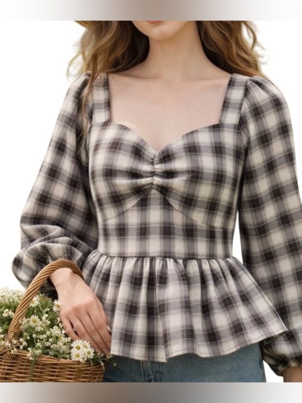 Pleione Gingham Plaid Peplum Long-Sleeve Top - Black/White S